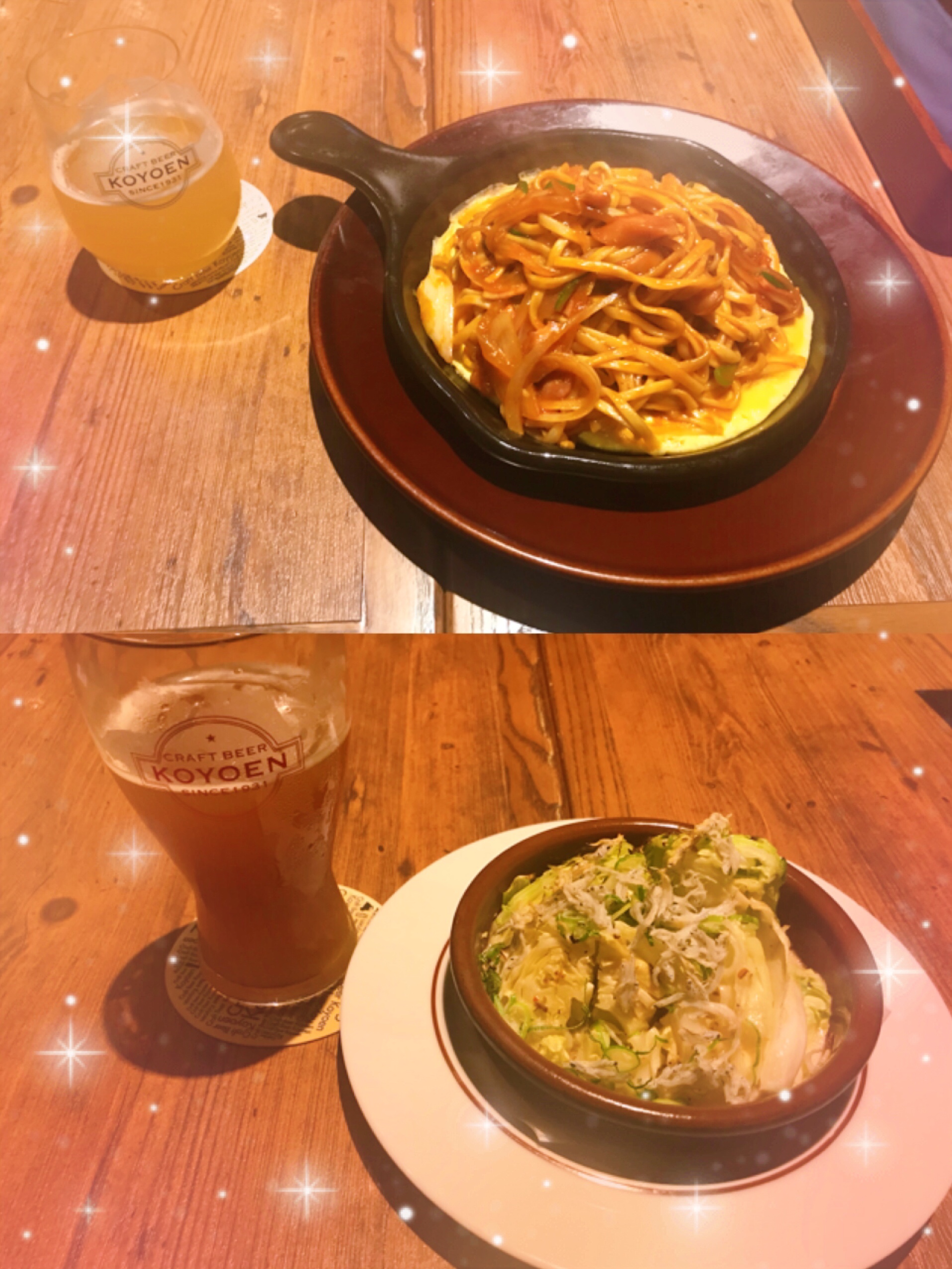 KOYOENでナポリタン1100円、焼きキャベツ495円、クラフトビール847円×2を頂きました。